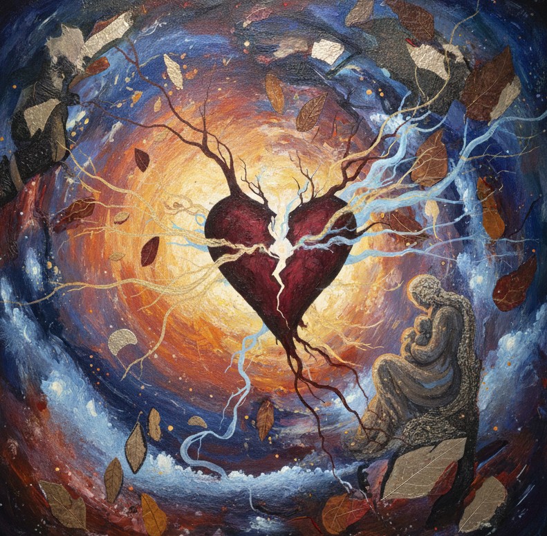 The image centers a broken heart caught in the middle of a storm. On the side is a mother holding a baby.