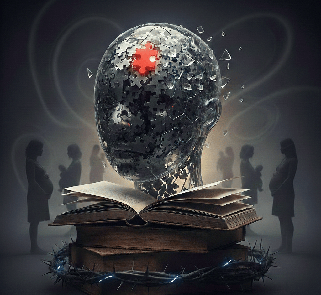 The image centers a humanoid glass head filled with all grey puzzle pieces except for a single brightly colored red puzzle piece. The glass head is shattering on one side. In the background there are multiple figures of women carrying babies.